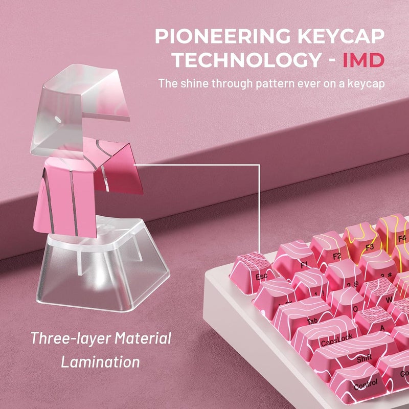 HITIME XVX Pink Topographic Keycaps with IMD Tech, Shine Through Custom Keycap 60 75 100 Percent, Lines Backlit Keycap Set, OEM Profile, Side Printed Keyboard Key caps for Keyboards(Only Keycaps) - Image 3